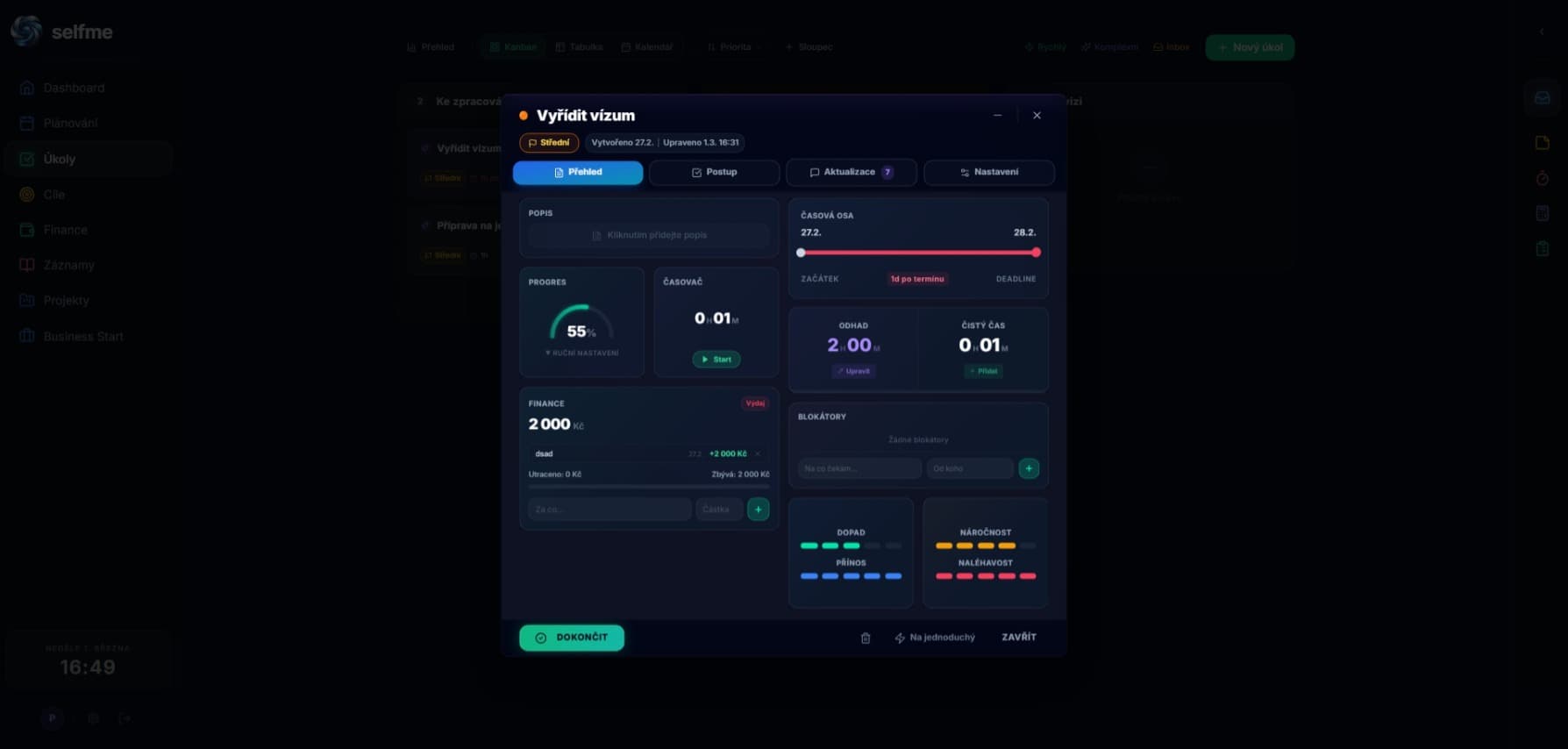 Selfme – Detail úkolu s přehledem