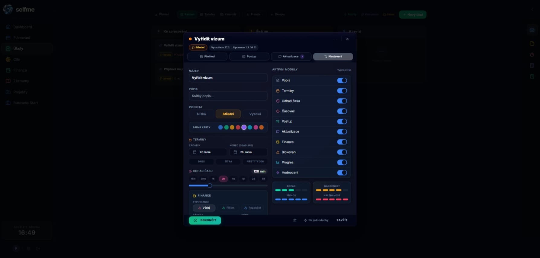 Selfme – Nastavení úkolu a modulů